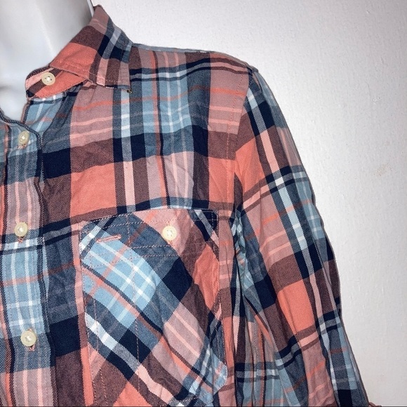 Ralph Lauren Plaid Long Sleeve Button Front Shirt Top S Peach Blue - Picture 4 of 7